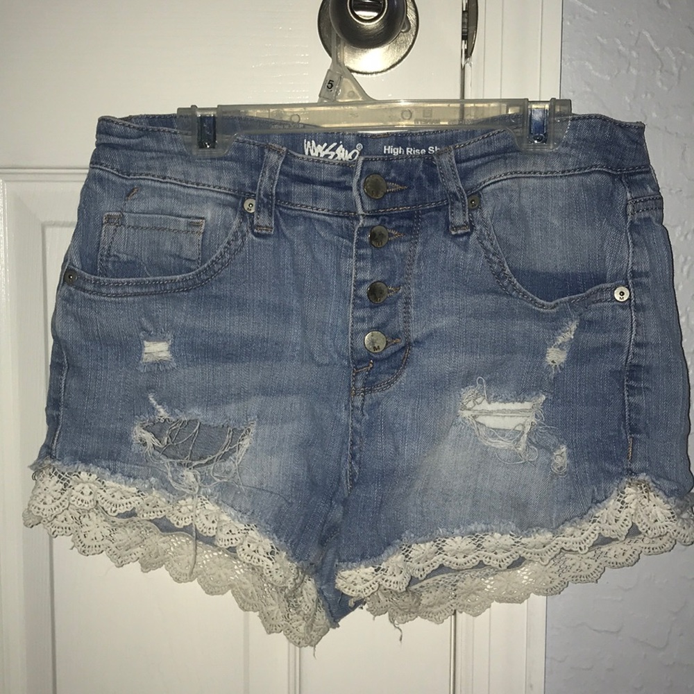 High rise jean shorts with lace trim